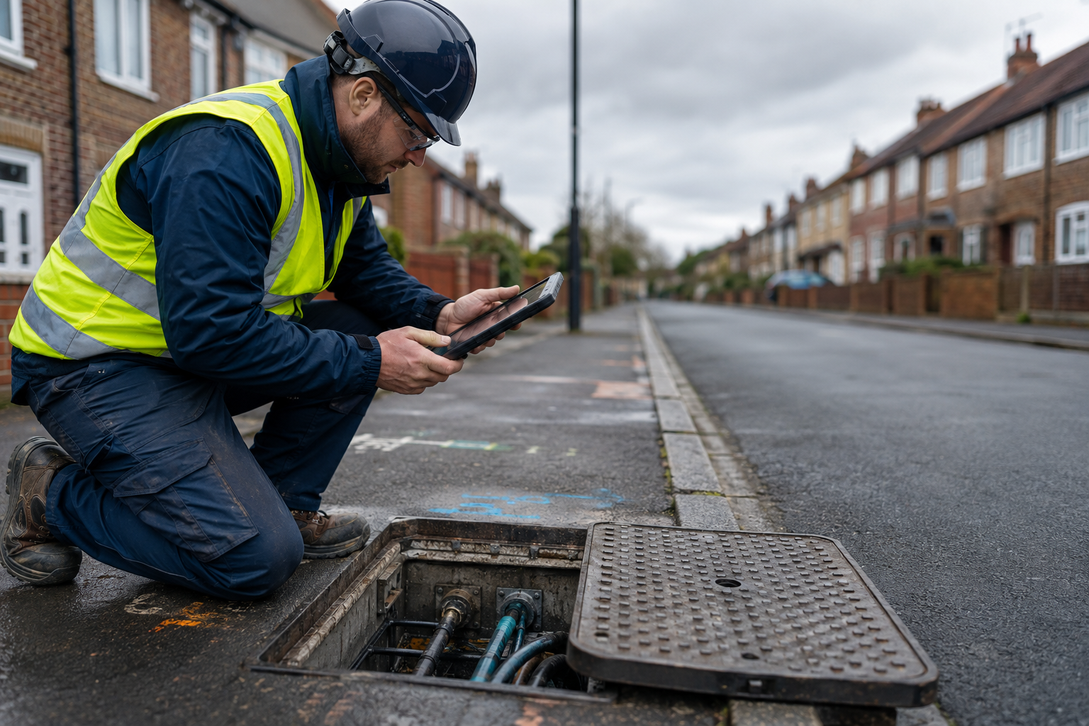 FTTP network surveyor assessing an underground fibre route on a UK residential street