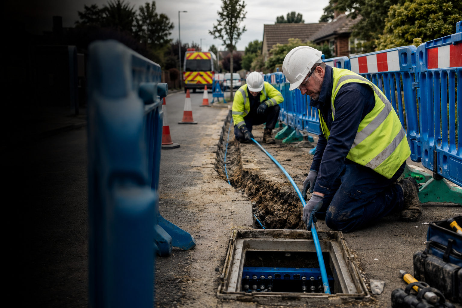 Telecommunications engineers building underground FTTP infrastructure on a UK street