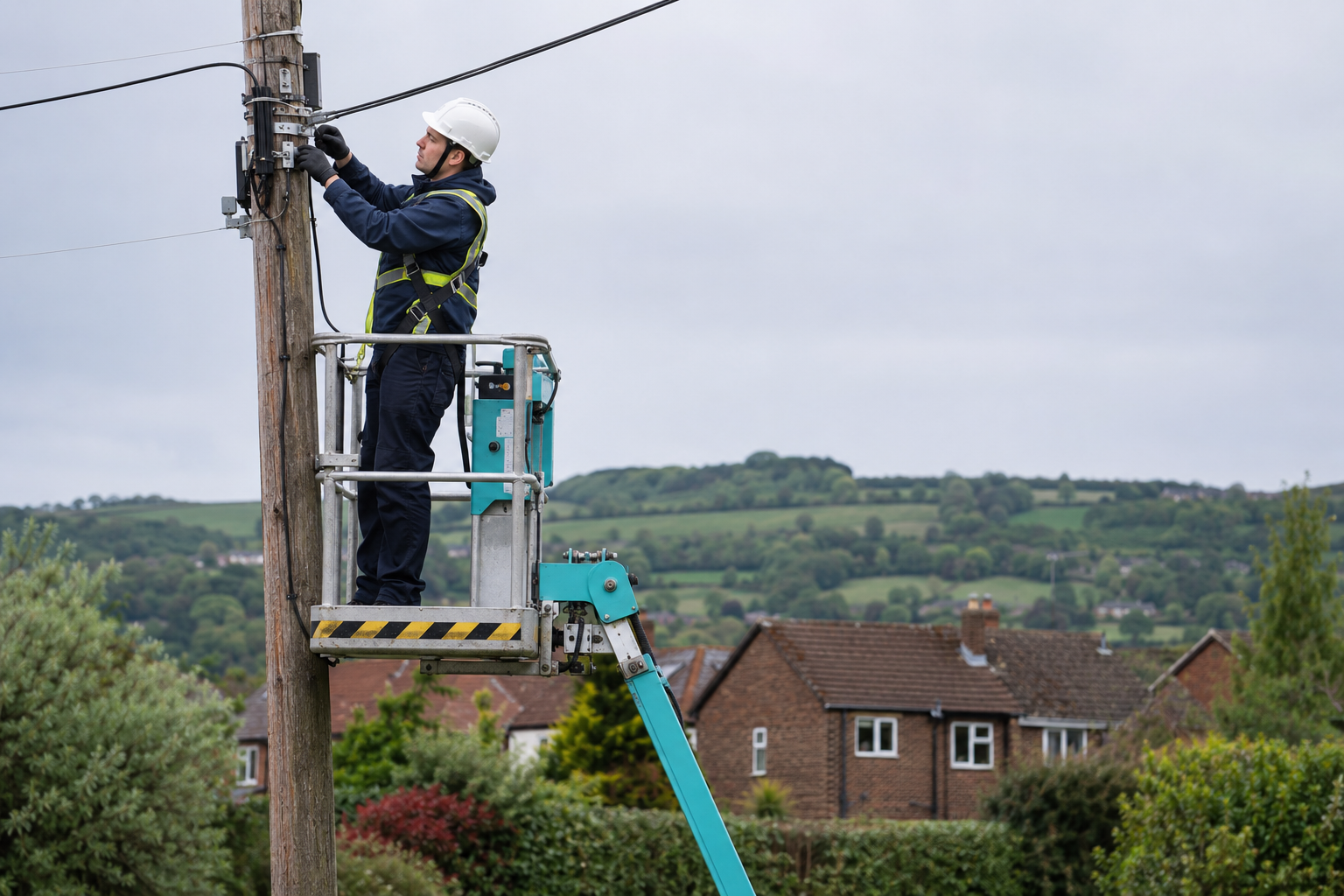 Telecommunications engineer installing overhead fibre infrastructure in the UK