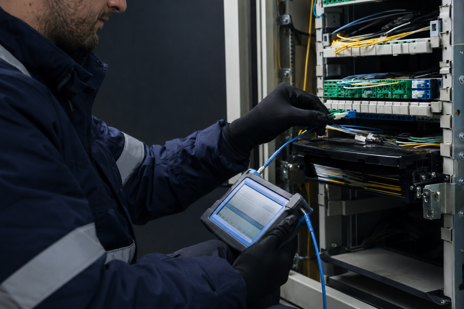 Engineer testing and maintaining fibre network equipment